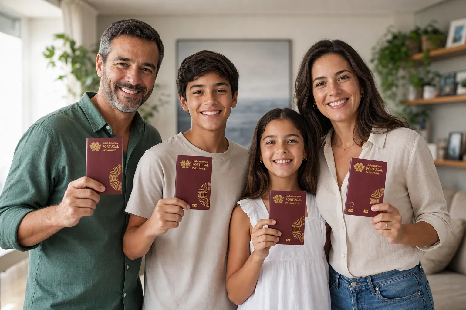 Família segurando passaportes portugueses